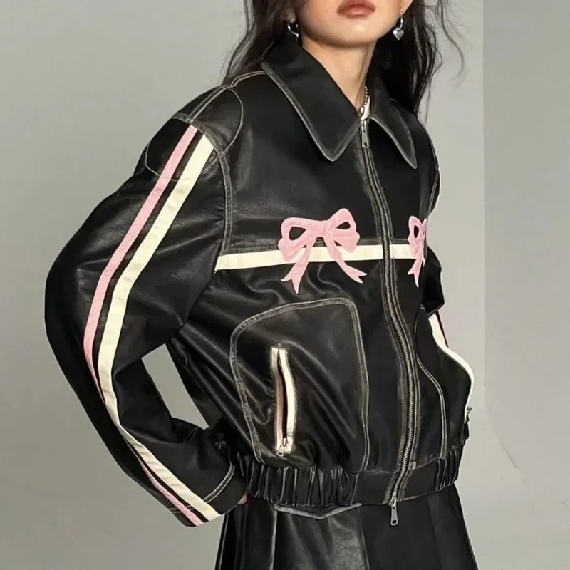 Bow Design Leather Jackets Bomber Women Hip Hop Racing Korean Fashion Short Jacket Vintage Y2k Outerwear Coats Design Pu Outwear