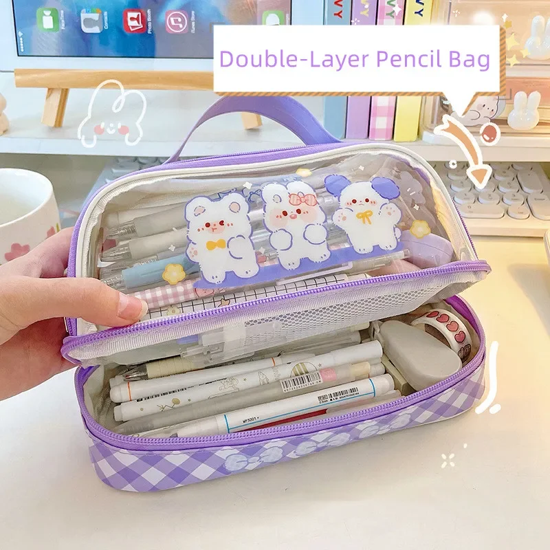 Simpatico astuccio trasparente Kawaii Bunny Bear Pencil Pouch sacchetto di immagazzinaggio di cancelleria Protable impermeabile ad alta capacità a 2