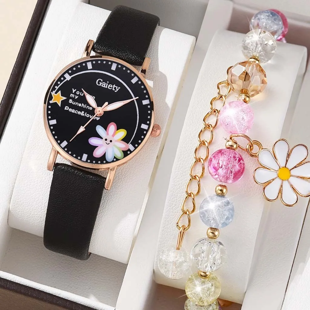 【Free Bracelet】 Cute Children's Flower Watch Candy Color Student Quartz Watches Little Daisy Bracelet Set No Box