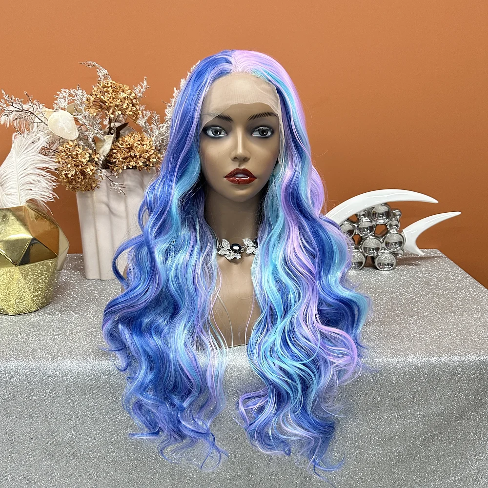 

Highlight Blue Color Synthetic 13X4 Lace Front Boay Wave Wig Heat Resistant Drag Queen Cosplay Wigs For Black Women Pre Plucked