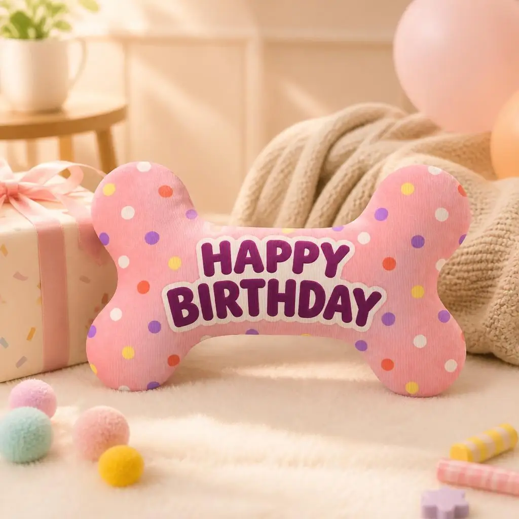 Happy Birthday Dog Bone Shaped Plush Pillow Colorful Confetti Throw Cushion Pet Party Decor Gift for Dog Lovers Sofa Home