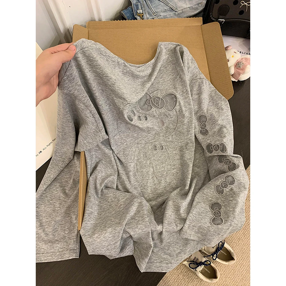 

Summer New Kawaii Women's Hello Kitty Grey Long Sleeve T-Shirt Hollowed Tops Loose Versatile Tees Round Tops Y2K Girl Sexy Smock