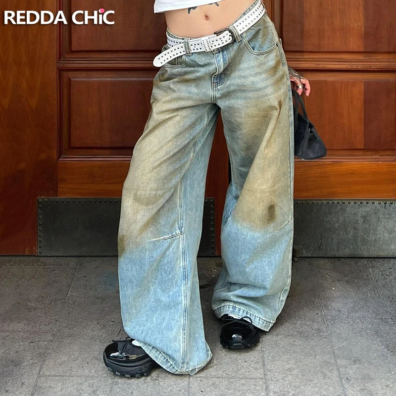 

ReddaChic унисекс, мешковатые джинсы для грязной стирки в стиле хип-хоп, оверсайз, с высокой посадкой, усы, широкие повседневные брюки, женская корейская уличная одежда