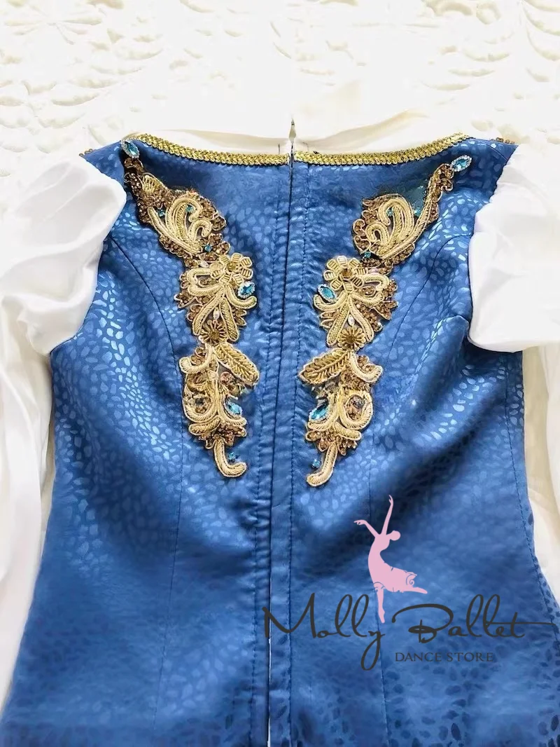 2024 nuovo Costume da balletto personalizzato Prince Giselle Swan Lake ricamo blu oro diamante finto Set di due pezzi