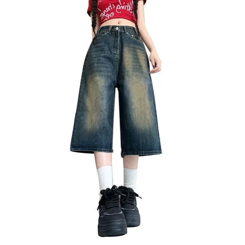 Damskie szerokie krótkie jeansy retro w kolorze niebieskim, luźne szorty Y2k, casualowe vintage streetwear Harajuku, koreański styl, podstawowe letnie szorty jeansowe 2025