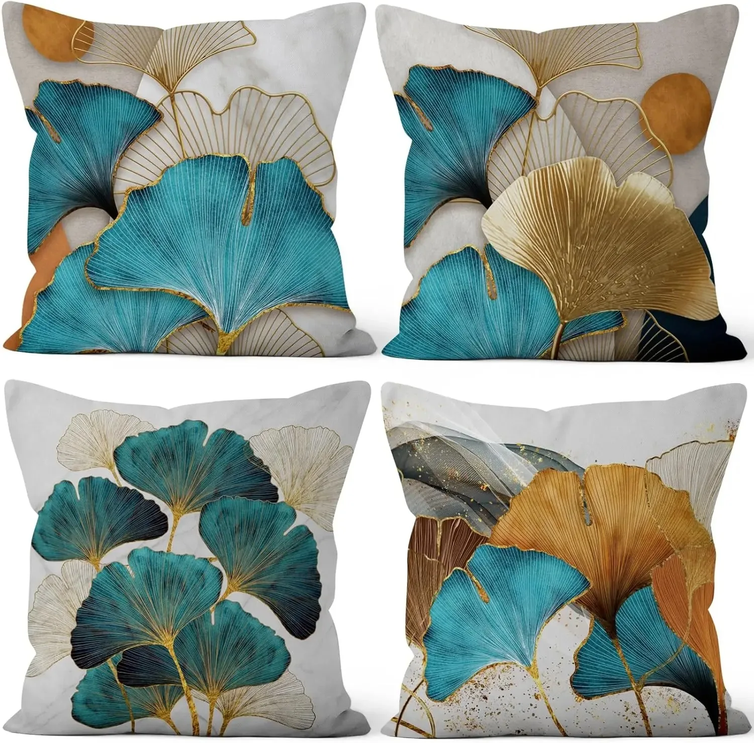 

4 шт. плюшевые наволочки с листьями гинкго билоба, летняя золотая нить, украшения с цветочной окантовкой, бирюзовый лист, льняная наволочка