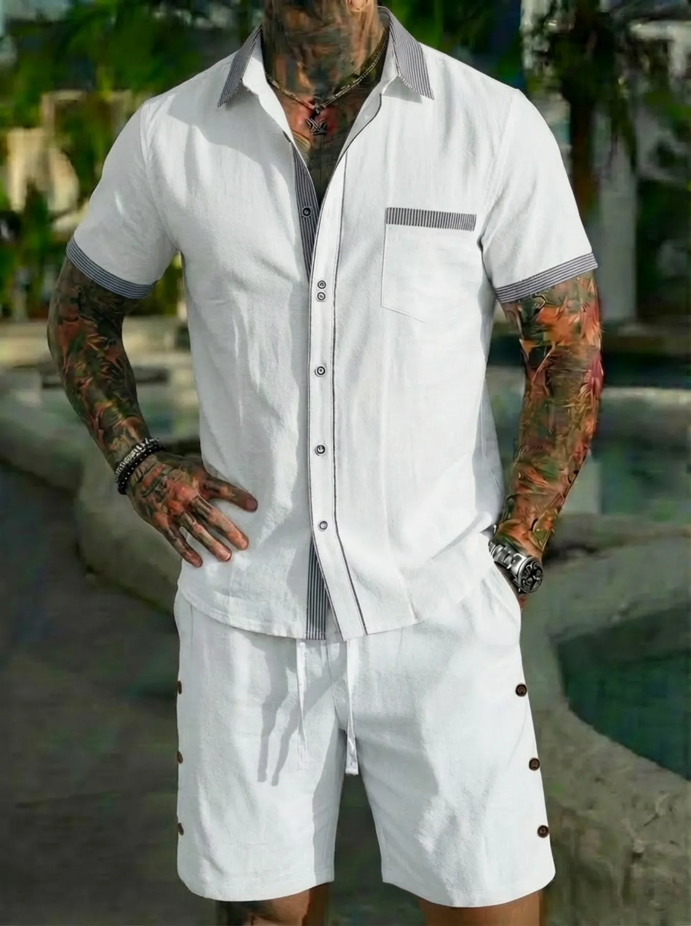 Summer New Men's Fashion Color Block Collared Short Sleeve Shirt And Shorts Set Casual Streetwear