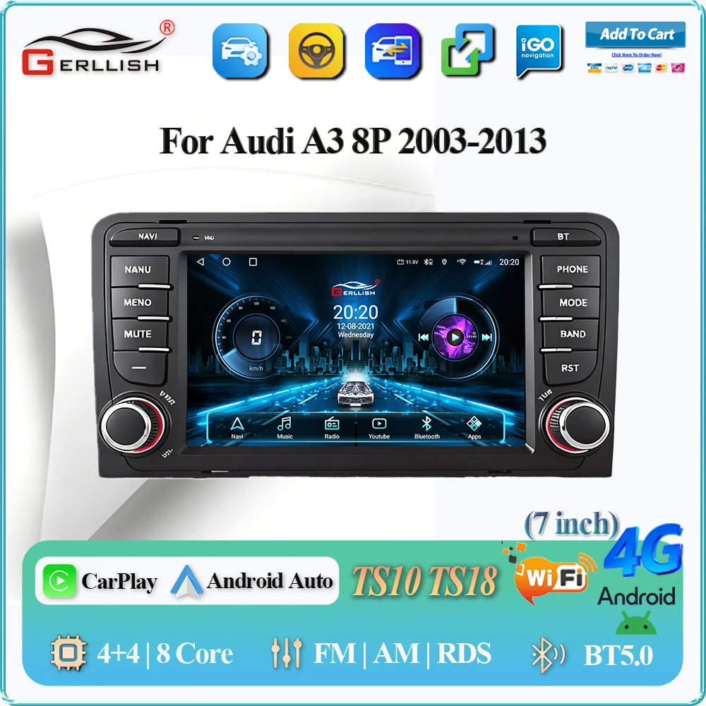 

Gerllish 7-дюймовый автомобильный радиоприемник Carplay Android для Audi A3 8P 2003-2012 S3 RS3 Sportback GPS WIFI мультимедийный плеер