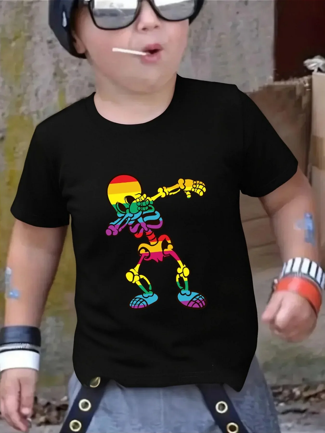 Cute Rainbow Dab Skeleton Cartoon Print Family Matching T Shirt Boys Girls Short Sleeve Parent Child Soft Cotton Casual Tops