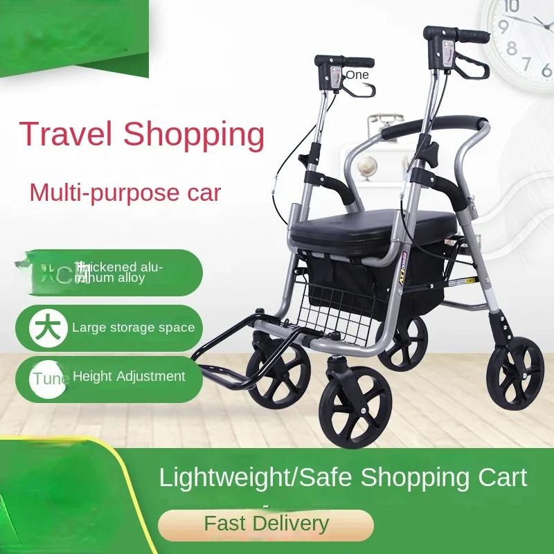 عربة تسوق لكبار السن، عربة خضروات مدفوعة يدويًا، مركبة مشي بمساعدة أربع عجلات، عصا مشي خفيفة الوزن قابلة للطي