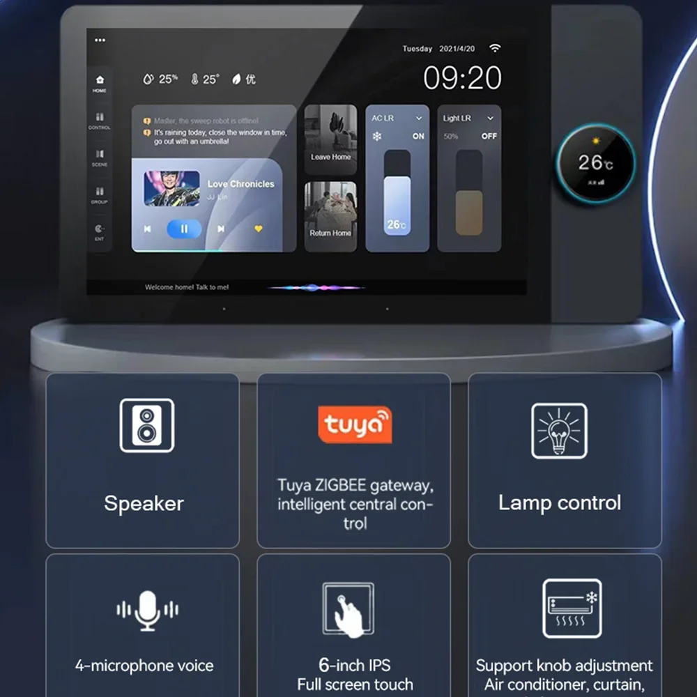 Imagem -02 - Polegada Tuya Casa Inteligente Painel de Controle Central Tela Toque Botão Ajuste Suporte Controle Voz Zigbee Gateway Hub 6