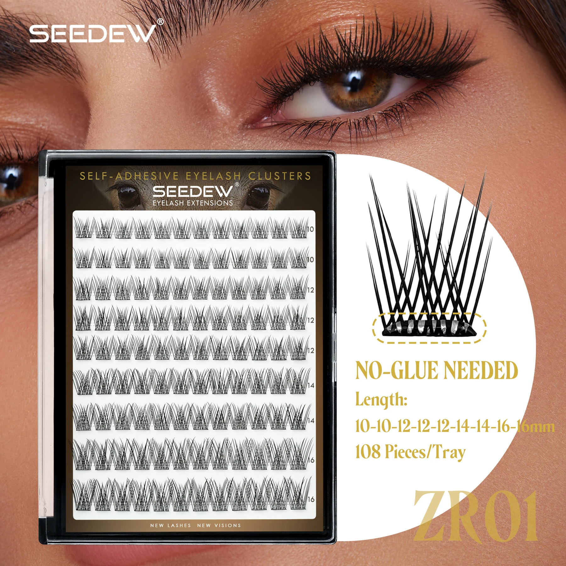 Seedew 108Pcs Self Adhesive Eyelashes NO Glue Needed Cluster Lashes 0.07 C 10-16mm DIY Lashes Extension Individual Lashes