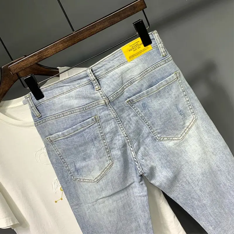Summer Autumn Korean Designer Luxury Clothing Embroidered Slim Pencil Jeans Men Vintage Washed Casual Streetwear Cotton Trousers