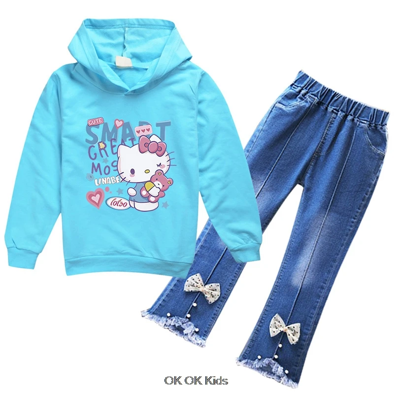 Cheap Popular Simple Hello Kitty Long Sleeve Girls Casual Wear Hoodes Jeans Pants Toddler Energetic Spring Fall Sweatshirt Sets