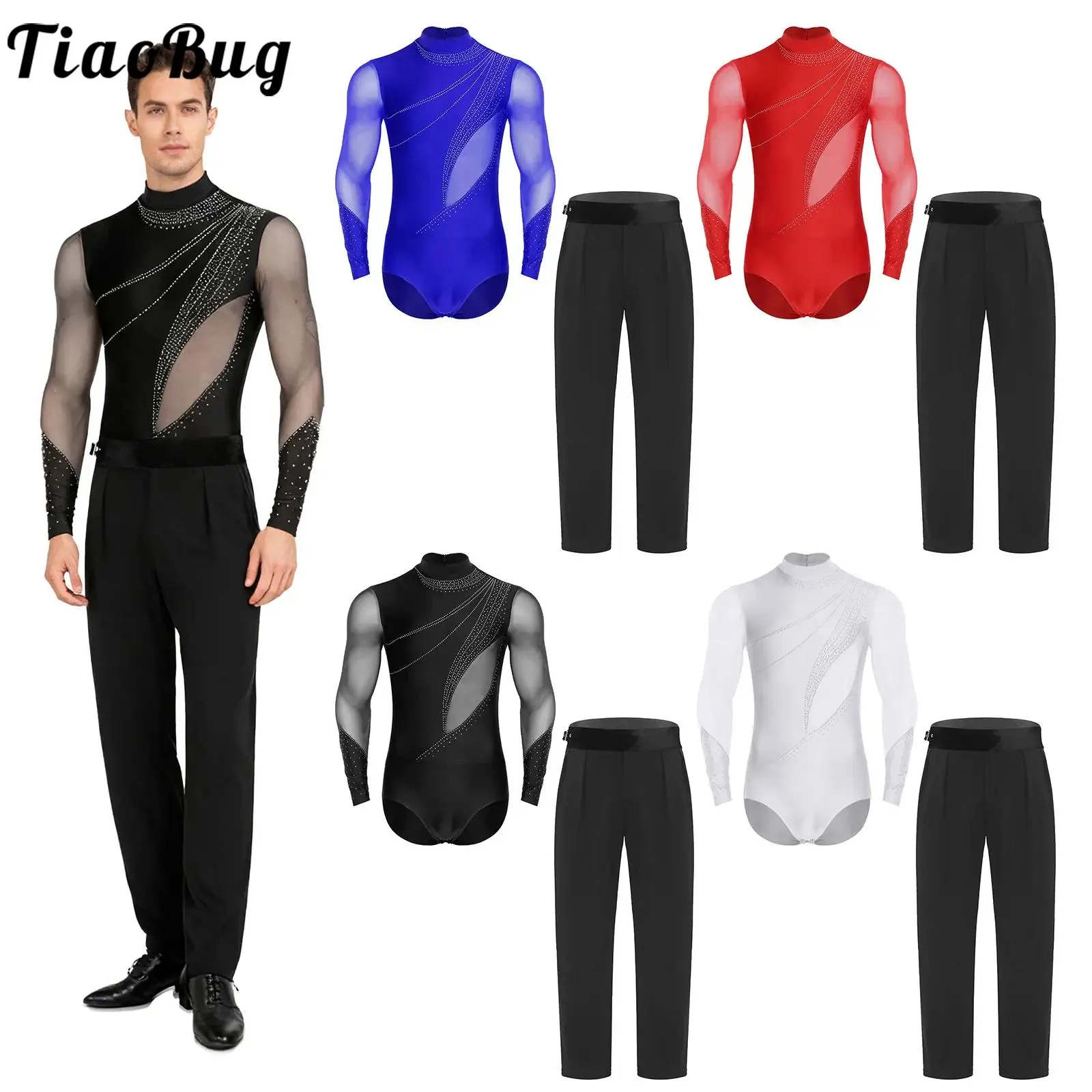 

Men Latin Rumba Cha-cha Dance Costume Outfits Rhinestones Mesh Long Sleeve Leotard and Pants Ballet Tango Dance Performance Set
