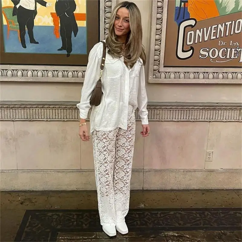 652F Fashionable Lace Panel High Waist Wide Leg Pants Casual Trousers Suitable for Parties Dates and More