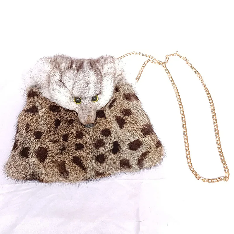 2022 New Chic Women Real Rabbit Fur  Shoulder Bag With Real Fox Fur Head Lovely Cross Chain  Female Genuine Fur Bag