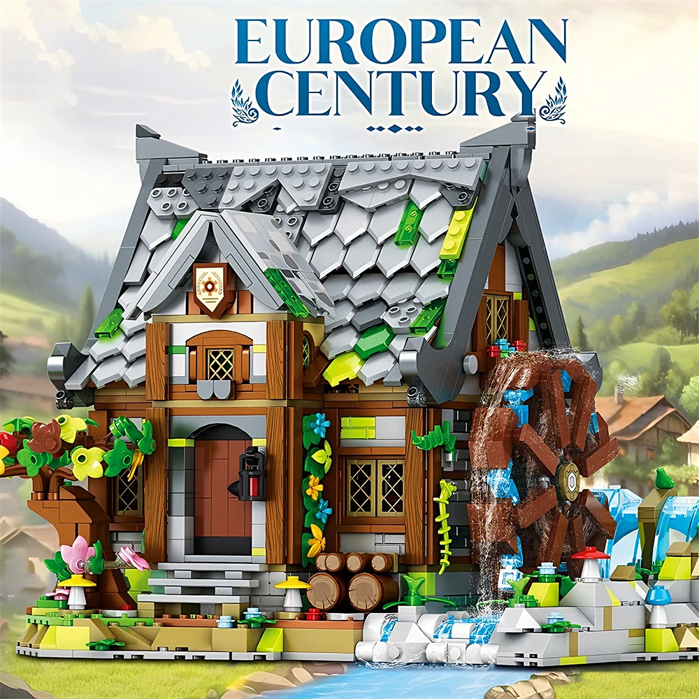 

Medieval Waterwheel Mill Building Blocks European Street View Model Assembly MOC Bricks Toys Christmas Gifts For Room Decor