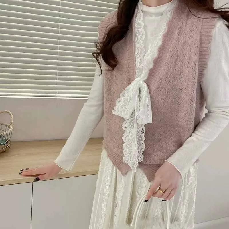 الحلو مقوس دانتيل سترة صدرية المرأة عادية تنوعا سترة أكمام محبوك سترة الإناث العصرية تصميم الخامس الرقبة تريكو