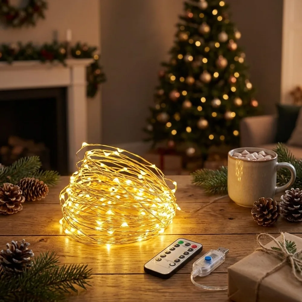 USB Copper Wire Lights Remote Control 8 Modes Warm White for Christmas Weddings Parties Homes Windows Balconies Festive Decor