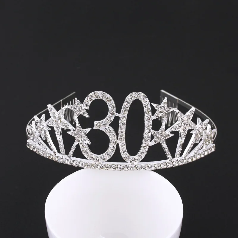 Silver Birthday Tiara Crown Headband for Women Girl Happy 13th 16th 18th 20th 21st 30th 40th 50th 60th Birthday Party Decoration