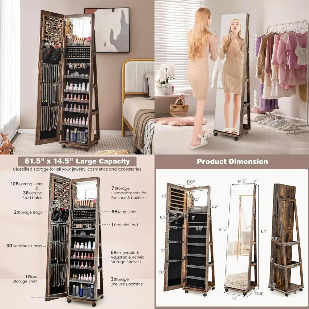 

Зеркальный шкаф для ювелирных изделий в полный рост с колесиками, светодиодной подсветкой, регулируемыми полками и запираемым хранилищем (коричневый в деревенском стиле)