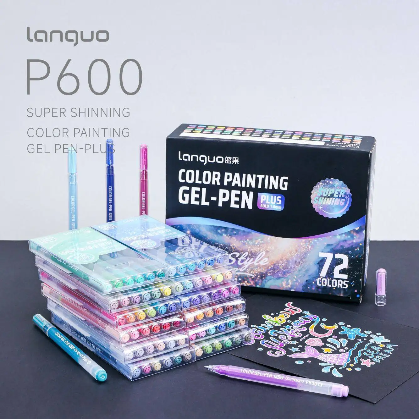 LANGUO 72/24/16 Colors Glitter Effects Gel Pen 1.0mm Large Capacity Students Writing Pen Painting Drawing Coloring Art Markers