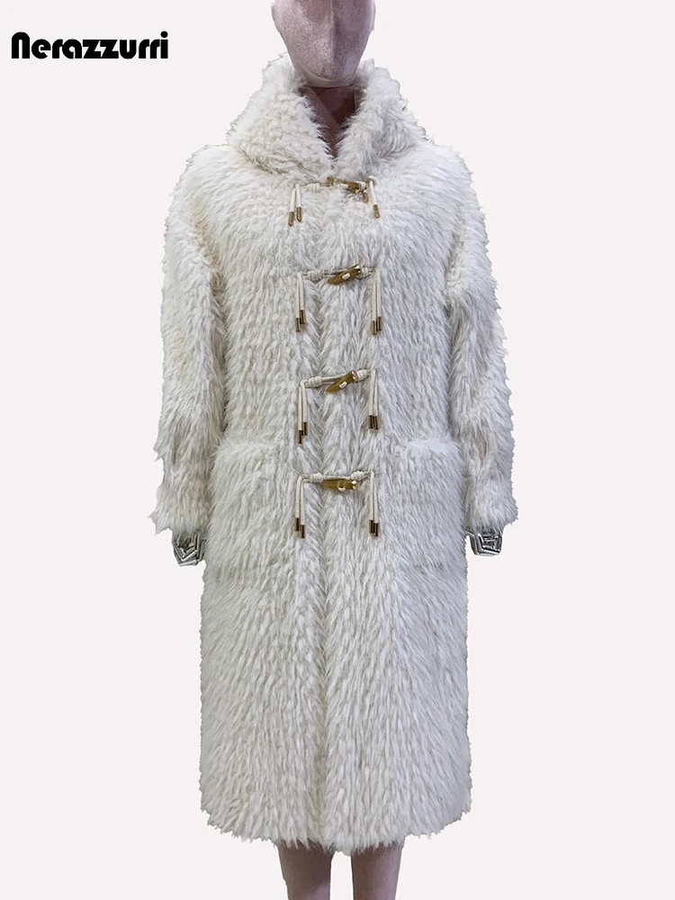 Nerazzurri Autumn Winter Long Fluffy Thick Warm Fuzzy Shaggy Soft Faux Fur Coat Women with Hood Horn Button Loose Furry Overcoat