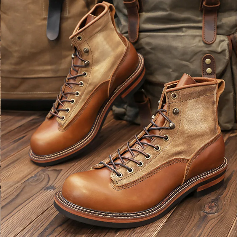 

Men's Retro Work Boots High Top Lace-Up Ankle Boots, British Style Canvas Casual Shoes, Vintage Chunky Sole Footwear