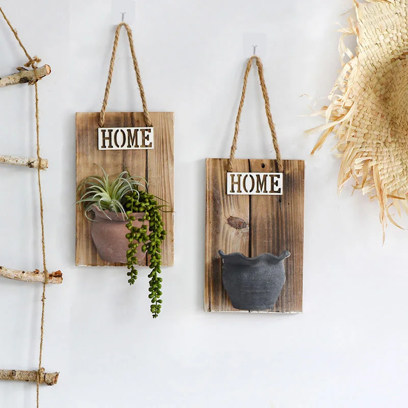 Hanging Planter Vase Wall Decor Wooden Ceramics Flowerpot Succulent Cactus Faux Plants Hanging Basin Container Flower Basket