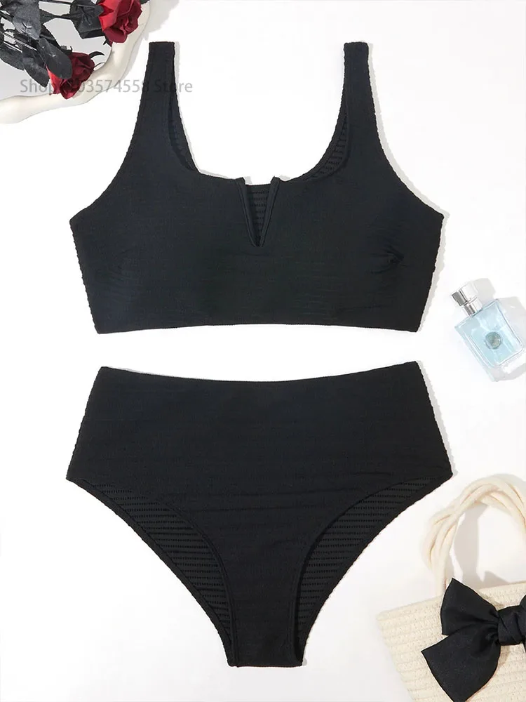 Bikini de gran tamaño para mujer, traje de baño de doble cuello, cintura alta, ropa de playa, 2024