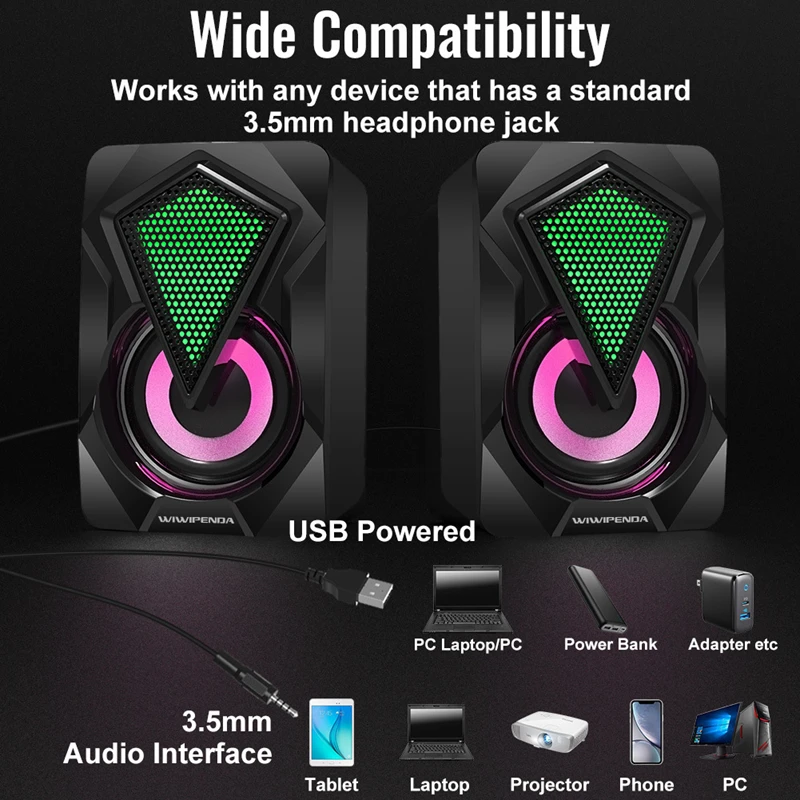 New RGB PC Speakers with Enhanced Bass USB Powered Desktop Mini Soundbar for Computer/Laptop Cool LED Lights Plug and Play view 2