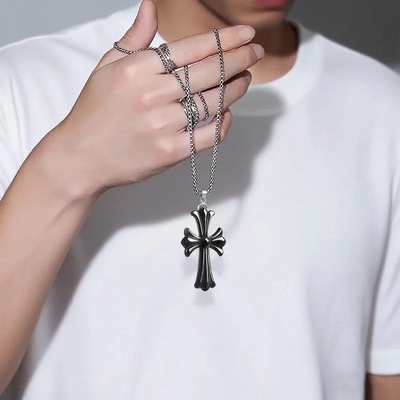 

TIMESWIND Retro Natural A-type Jade Black Cross Men Titanium Steel Necklace with Certificate