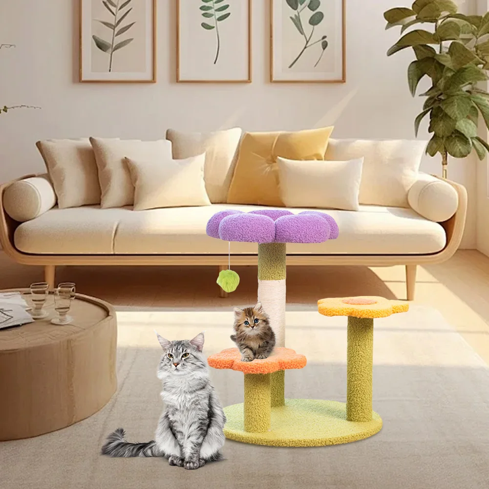 

Flower Cat Tree Tower Cute Cat Tree Sisal Wrapped Interactive Cat Tower Multi-Function 3 Layer for Playtime and Relaxation