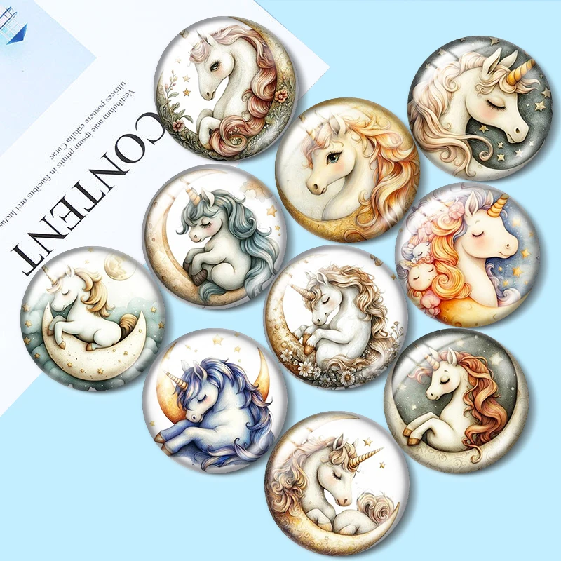 

Unicorn in a Moon Clipart 12mm/16mm/20mm/25mm/30mm demo flat back making mixed 10pcs Round photo glass cabochon findings