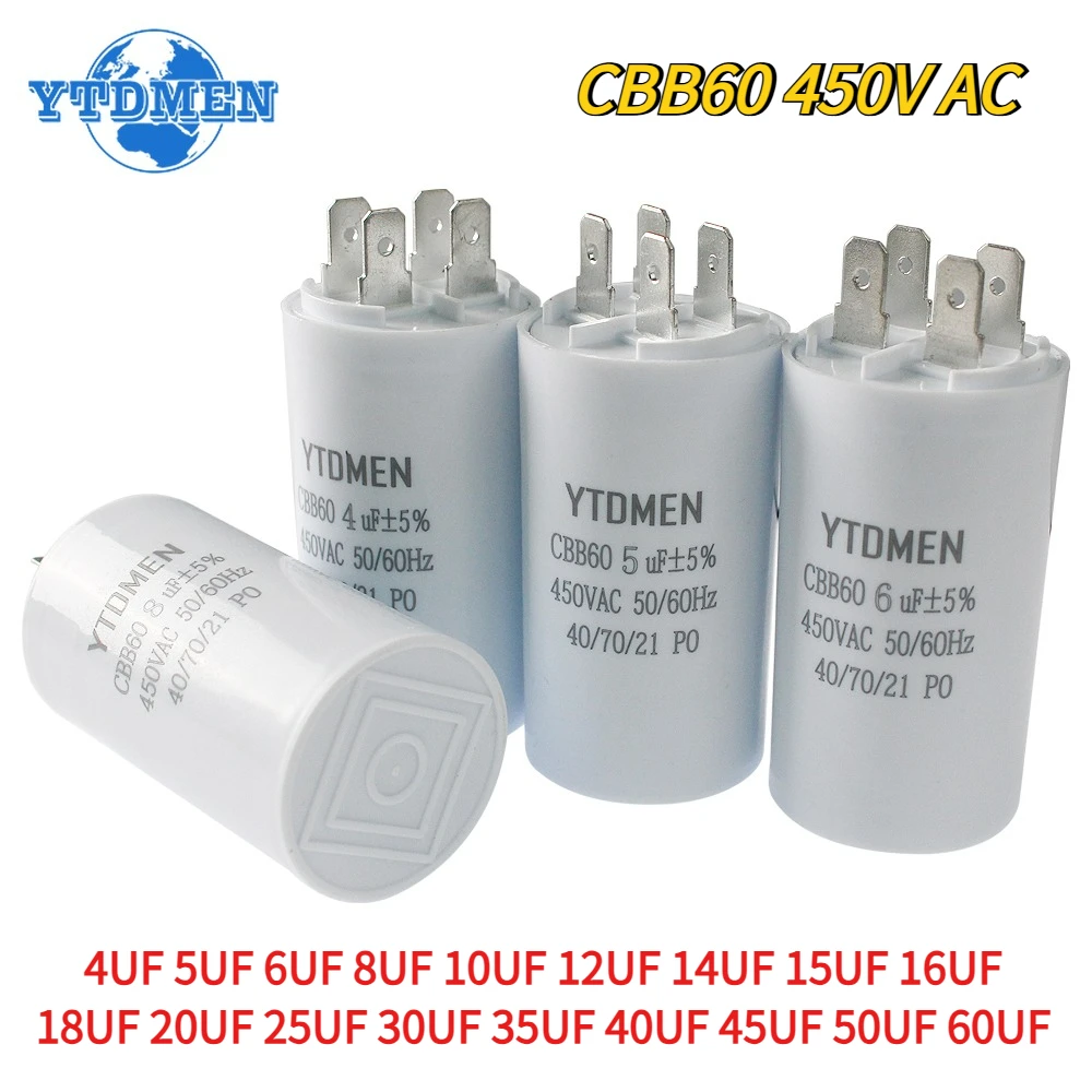 1 Buah Kapasitor Mulai CBB60 450VAC 4pin Kapasitor Lari Motor Pengganti Listrik Sisipan Ganda 4UF 5UF 6UF 8UF 16UF 20UF 60UF