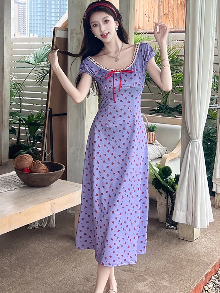 Zomer Paars Satijn Bloemen Chique Strik O-hals Lange Jurk Vrouwen Koreaanse Vintage Luxe Avondjurk 2025, Elegante Bodycon Feestjurk