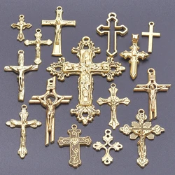 15pcs/lot Mix Gold Color Religion Crosses Alloy Charm Pendant Accessories diy Jewelry Making Crucifix Amulet Necklace Craft cruz