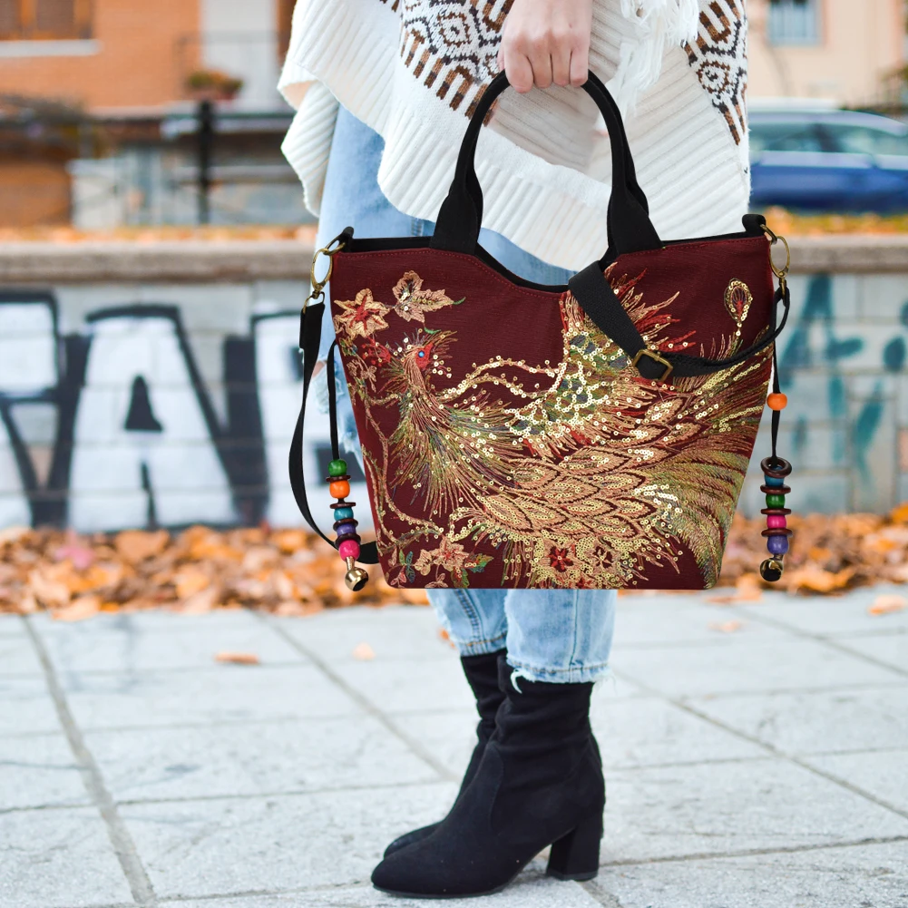 

Peafowl Embroidery Handbags Canvas Top-Handle Large Capacity Exquisite Elegant Bags Shopping Women Crossbody Bag