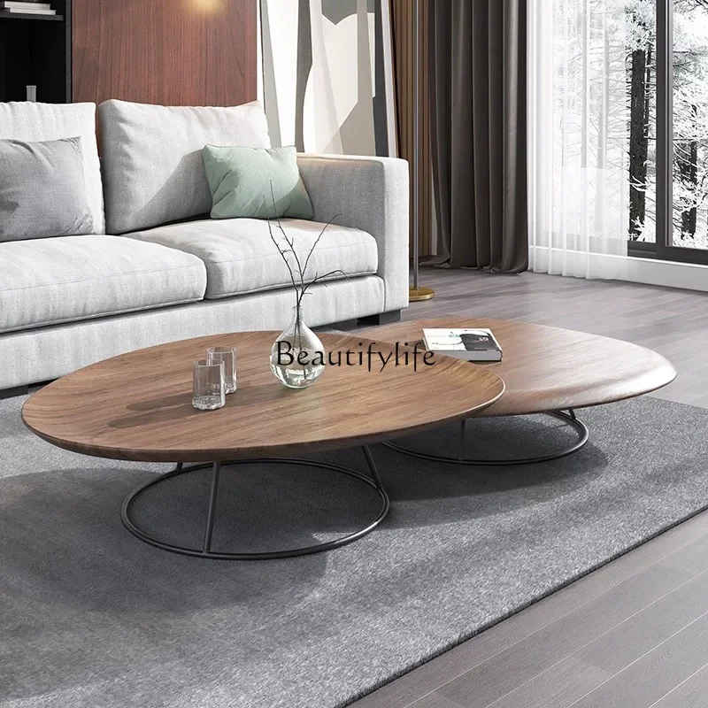 

jj Nordic walnut modern simple Italian high and low round coffee table household special-shaped