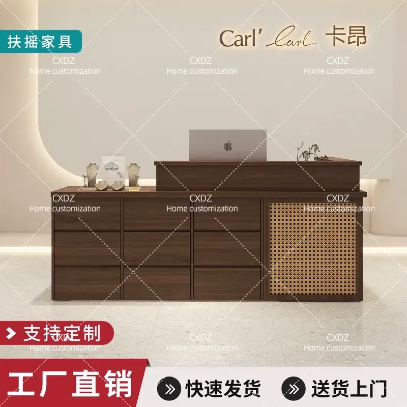 Simple Rattan Checkout Counter Front Desk for Clothing Store Shop Custom Bar Table Minimalist Reception Desk