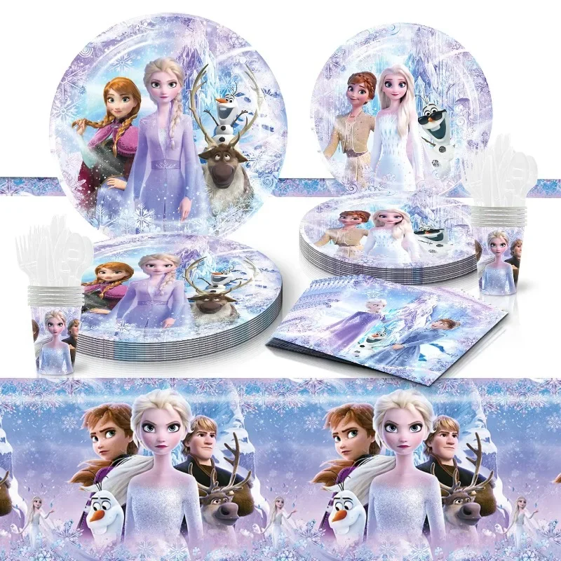 Disney Frozen Elsa Theme Birthday Party Supplies Tableware Set Children Birthday Party Cutlery Decoration Napkin Paper Cup