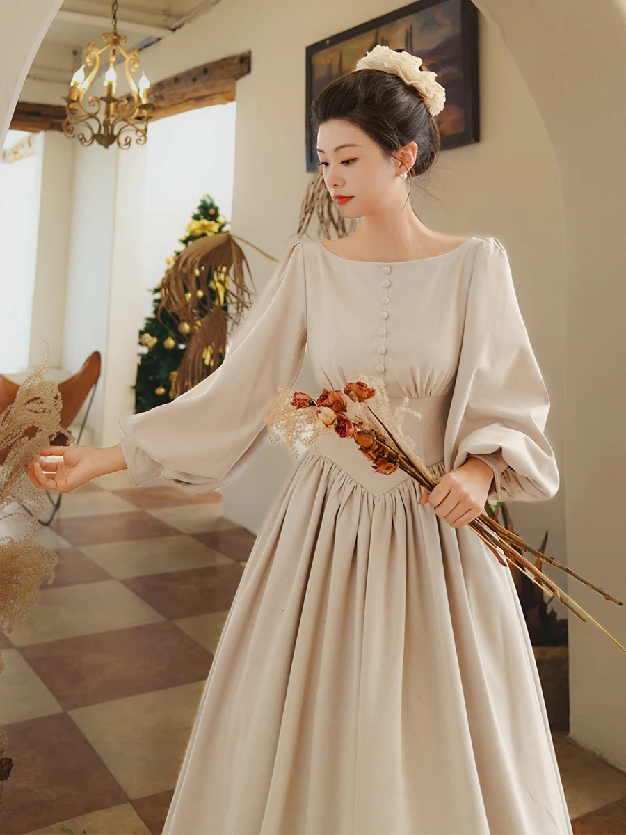 TIYIHAILEY 가을 겨울 여성 드레스 포켓 포함 풀 랜턴 슬리브 롱 미드-칼프 여성 의류 S-XL 빈티지 하이 웨이스트 두꺼운 원피스