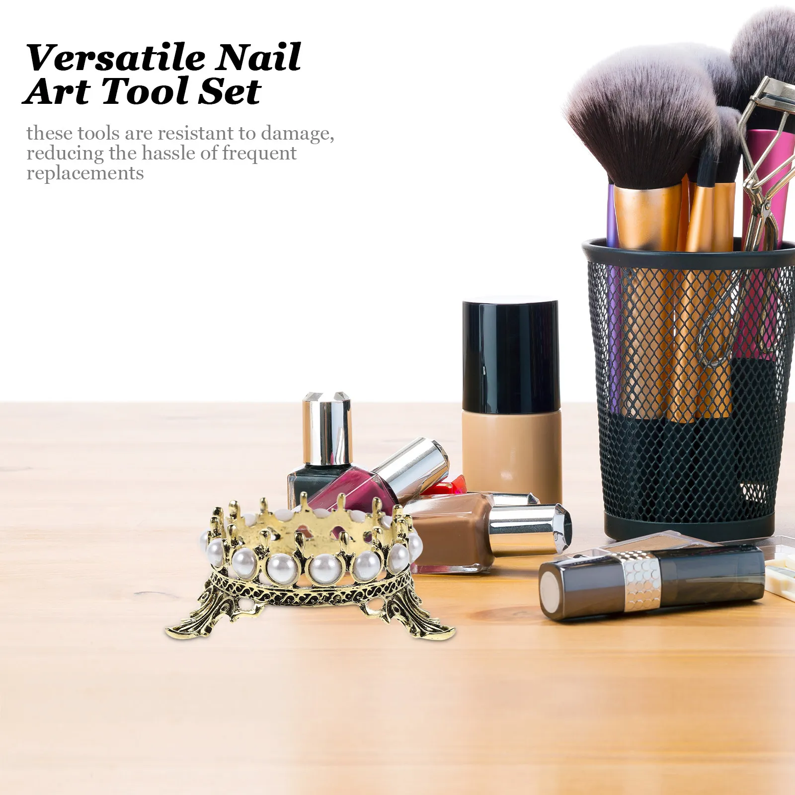 

4Pcs Crown Nail Brush Holder Retro Vintage Manicure Pen Organizer Fake Pearl Edge Makeup Brush Stand Nail Art Tool Storage Salon