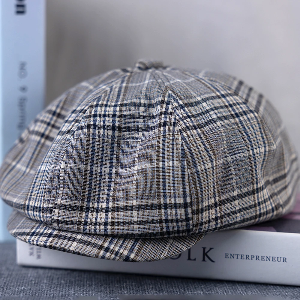 Spring Summer Linen Newsboy Cap New Gray Plaid Breathable Beret Men's Women's Literary Retro Hat England Hats Male Hats B-02B-03