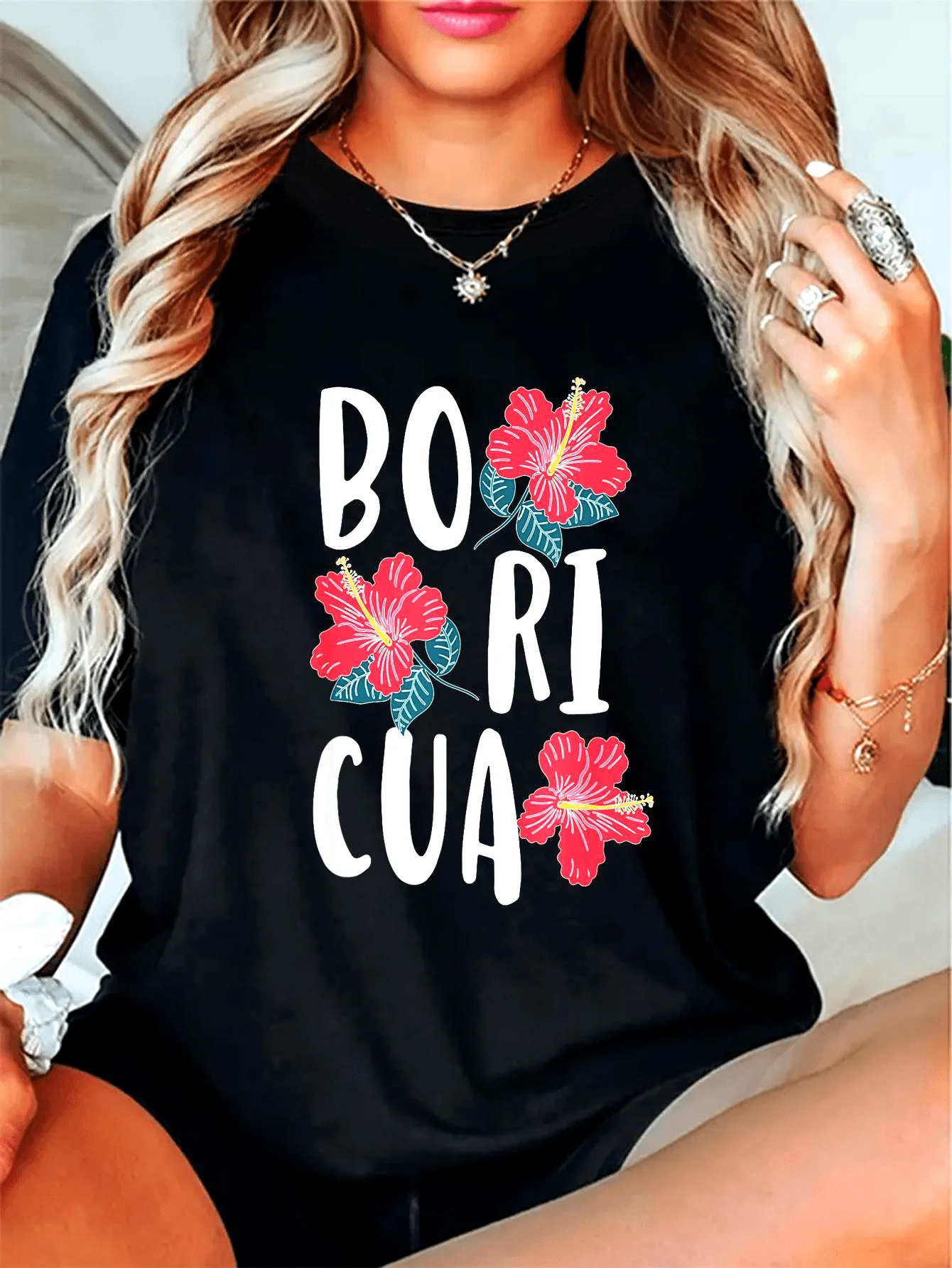 

Boricua Flowers Latina Puerto Rican Round Neck Short Sleeve Printed Design for Women Harajuku Short Sleeve Casual