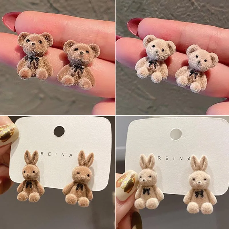 2pairs Cute Flocking Bear Rabbit Stud Earrings for Women Sweet Bow Knot Plush Animal Earring Girls Daily Party Jewelry Gift
