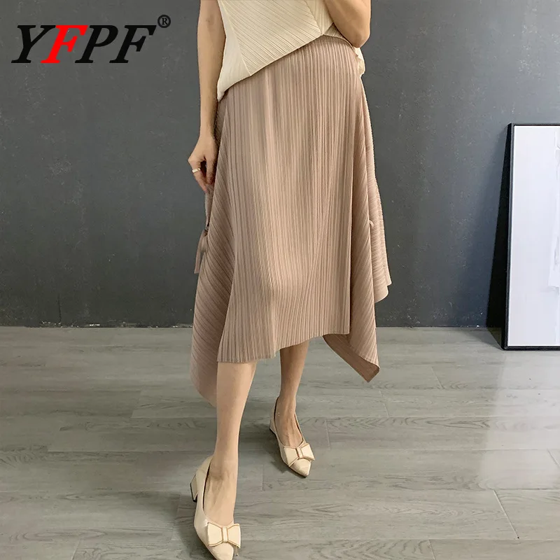 

YFPF Miyake Pleated A Line Skirt For Women Asymmetric Lace-up Design High Waist Solid Color Skirts Fashion 2025 New Clothing