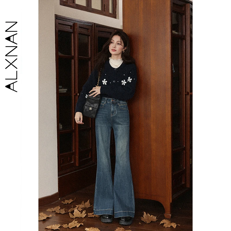 

ALXNAN Flared Jeans Autumn Blue High-waisted Women's Slim Trousers Casual Elegance Versatile High Quality Ladies Pants L57759