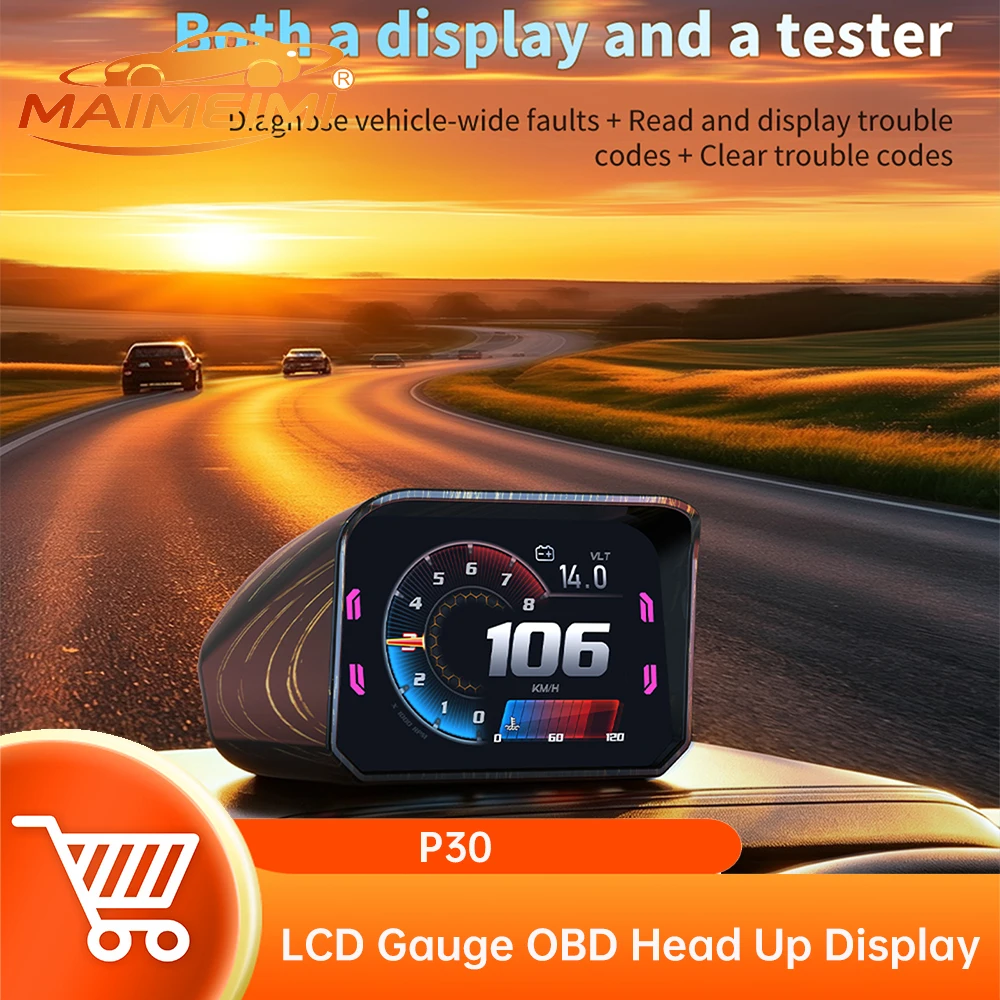 P30 hud obd2 display Car Multi-function OBD Instrument Speedometer Fuel Consumption Water Temp Voltage Press Slope Meter